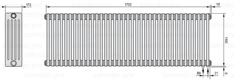 Схема (чертеж) Радиатор Zehnder Charleston 5110/37 №5510 Белый глянцевый RAL 9016